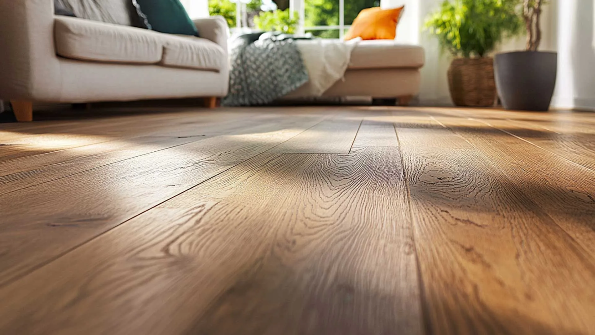 Close-up of beautiful hardwood flooring in a bright and cozy living room, featuring natural light streaming through large windows, a modern beige sofa, and lush green plants. Installed by the best flooring installer in Forest City, NC, this space showcases exceptional craftsmanship and attention to detail.