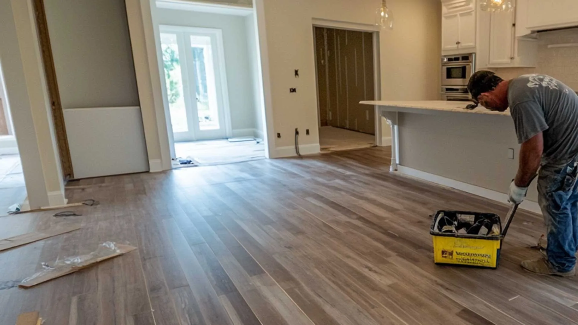 A Flooring installer in charlotte, in a room with a wood floor and a white counter top