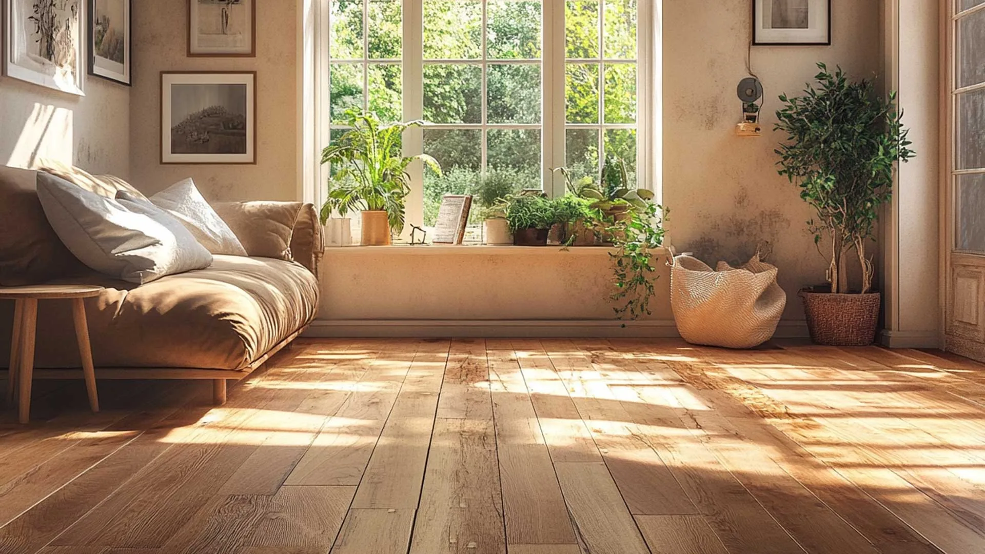 Cozy living room with warm, natural wood flooring installed by a professional flooring installer in Asheville, NC. The space features abundant natural light streaming through large windows, lush green plants on the windowsill, a soft beige couch, and wall art, creating a peaceful and inviting atmosphere.