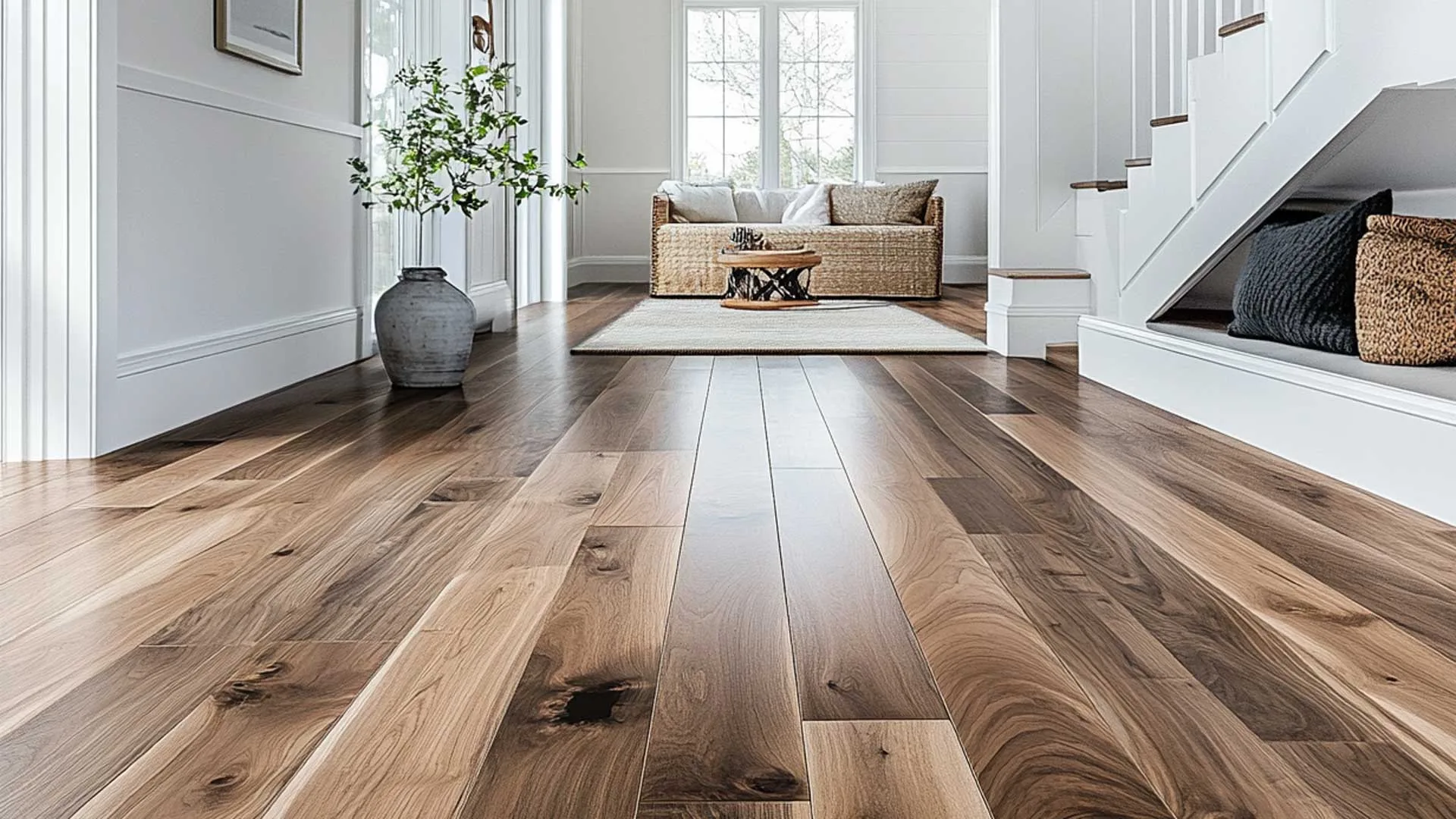 Flooring installer in kings mountain project image. Elegant hardwood flooring in a bright, modern living space featuring natural wood tones, a cozy sitting area with a woven couch, a small table, and large windows letting in ample natural light. The space exudes warmth and sophistication, showcasing professional flooring craftsmanship.