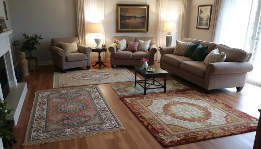 strategic area rugs in a cozy living room